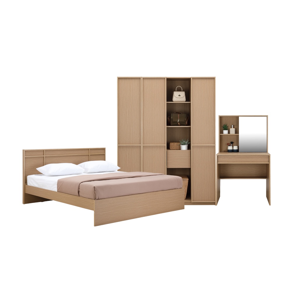 INDEX LIVING MALL ชุดห้องนอน รุ่นฟุกุโอกะ ขนาด 5 ฟุต (เตียง, ตู้เสื้อผ้า, โต๊ะเครื่องแป้ง) - สีโตเกียว โอ๊ค