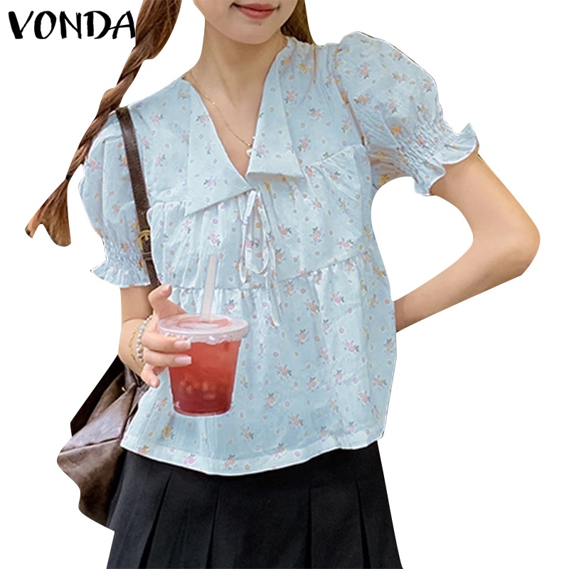 Vonda เสื้อเบลาส์ คอปก แขนสั้น พิมพ์ลายดอกไม้ สไตล์เกาหลี สําหรับผู้หญิง