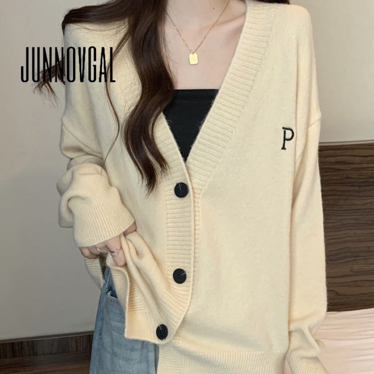 Junnovgal เสื้อคาร์ดิแกนลําลอง แขนยาว คอวี เข้ารูป สีพื้น แฟชั่นฤดูใบไม้ร่วง สําหรับผู้หญิง 2023