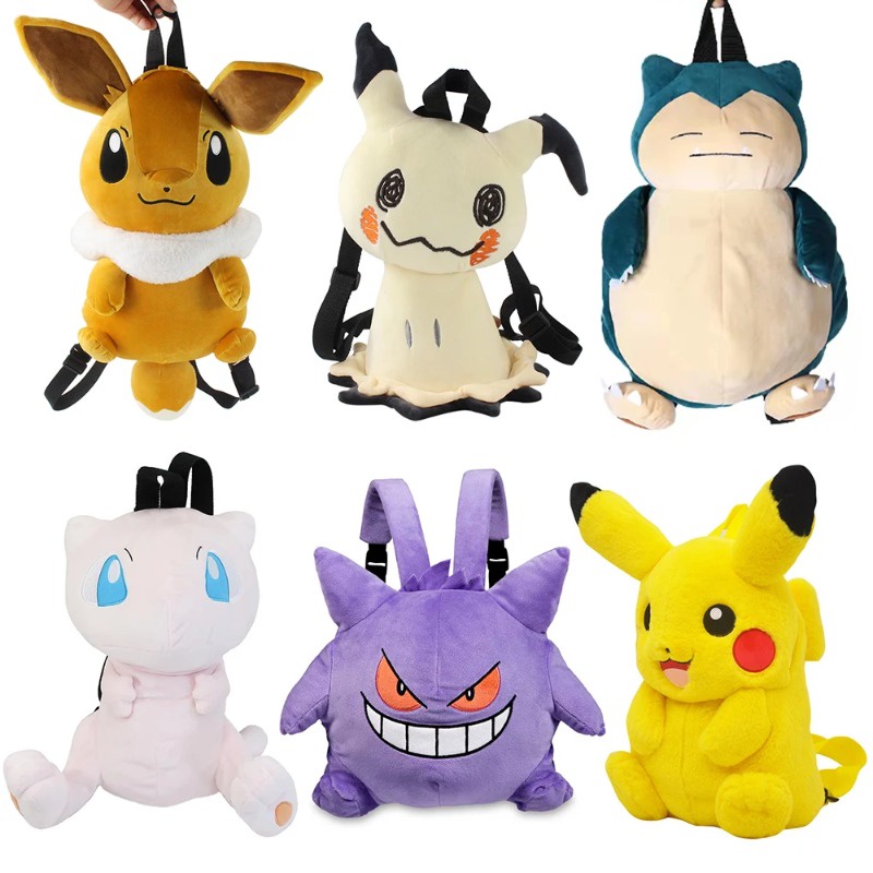 Kawaii Pokemon Plush Pikachu กระเป๋าเป้สะพายหลัง Snorlax Eevee Gengar Mimikyu Mew กระเป๋านักเรียน นุ่ม ตุ๊กตาของเล่น เด็ก ของขวัญ