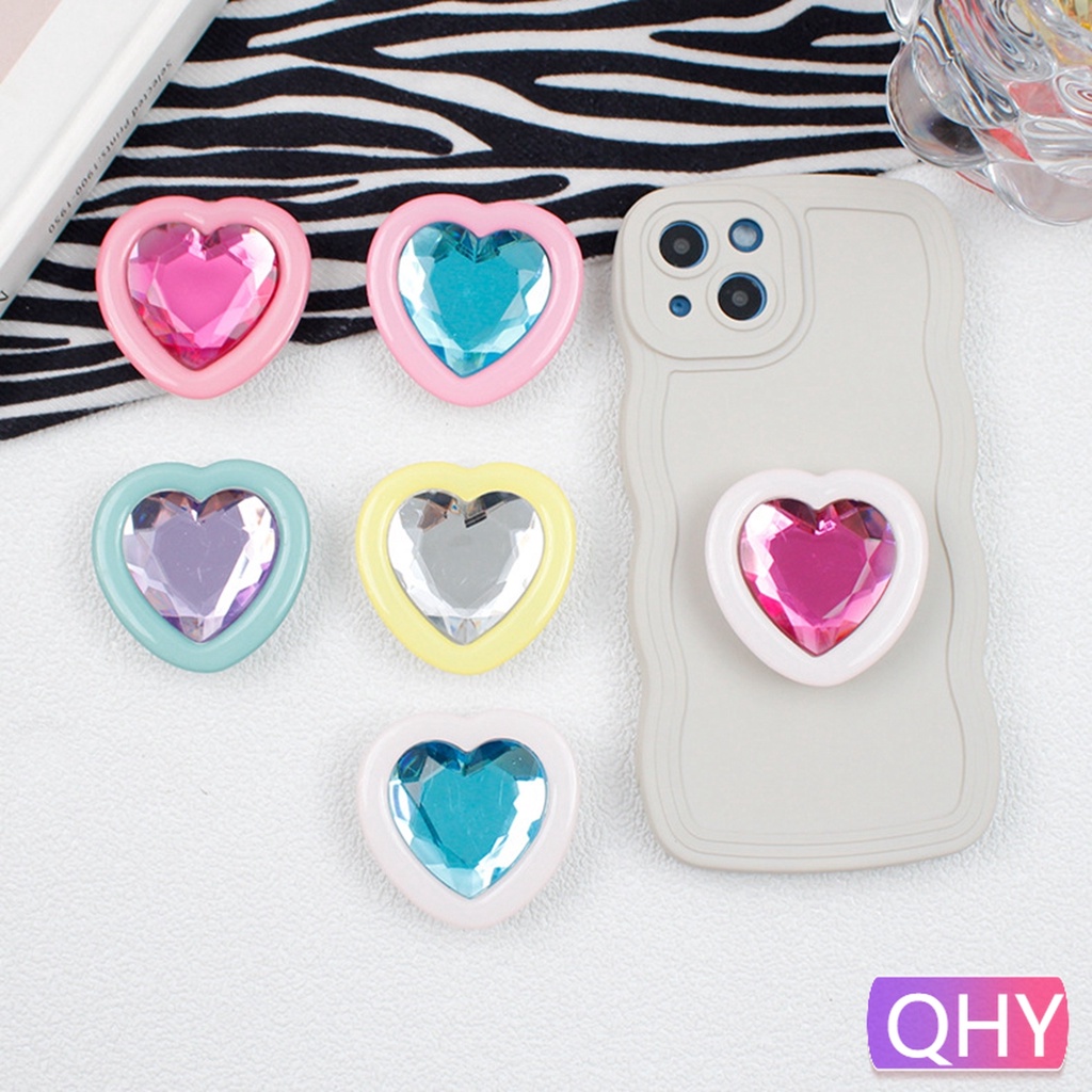 Qhy - ตัวยึดถุงลมนิรภัย 3D ที่โดดเด่น โรแมนติก ลายความรัก สีอัญมณีเทียม ที่วางโทรศัพท์มือถือ สากล ที่วางสมาร์ทโฟน น่ารัก สามารถยืนคลิป