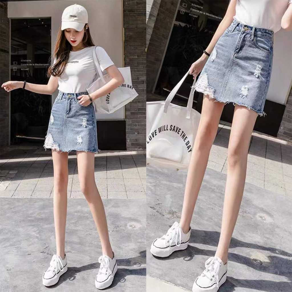 กระโปรงยีนส์เอวสูงขาเรียวสำหรับใส่เที่ยวใส่ปาร์ตี้