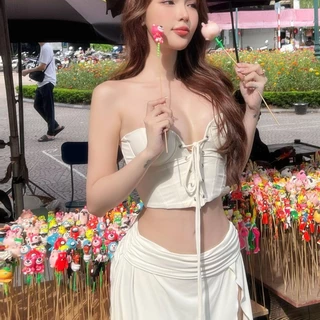 (จัดส่งจากกรุงเทพฯ) เสื้อกั๊กเกาะอกฤดูร้อนของผู้หญิง กระโปรงยาวจับจีบเอวต่ำเซ็กซี่ ชุดลูกไม้เข้าใหม่ 010