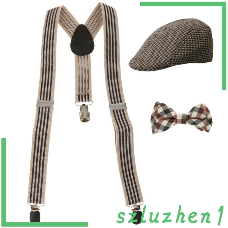 Boys Stretchble Y-back Suspender Bowtie + หมวกแบนชุดหมวก