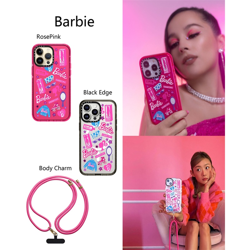 Casetify X สติกเกอร์บาร์บี้ แม่เหล็กดูด ขอบดํา โรสพิงค์ ใส แถบด้านข้าง ด้านหน้า เคส Apple IPhone 11 12 13 14 15 Pro Max กระแทก แข็ง ใส อะคริลิค ด้านหลัง TPU เคสพร้อมกล่อง