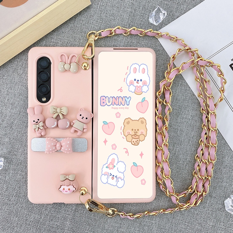 Samsung Galaxy Z พับ 6 5 4 3 2 5G สาวแฟชั่นน่ารักการ์ตูนเชอร์รี่กระต่ายหมีขาตั้งผู้ถือ Matte ผิวป้องกันกรณีฝาครอบ Crossbody ยาว Mteal Chain