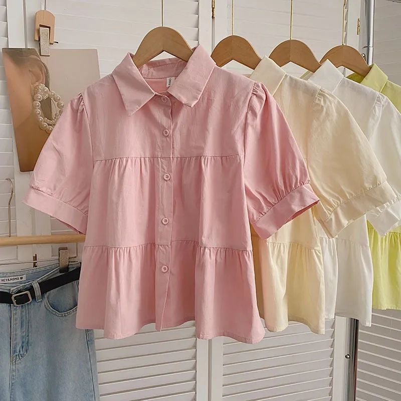 เสื้อเชิ้ตแขนสั้น สีชมพู สไตล์เกาหลี โอเวอร์ไซซ์