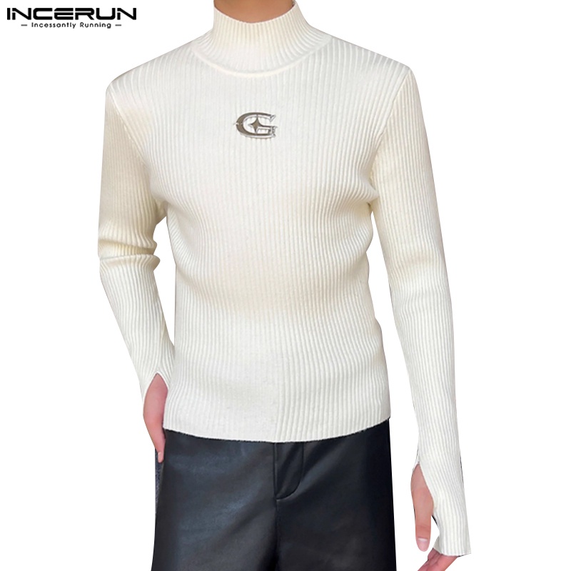 Incerun เสื้อกันหนาว ผ้าถัก คอสูง แบบครึ่งนิ้ว สีพื้น สําหรับผู้ชาย