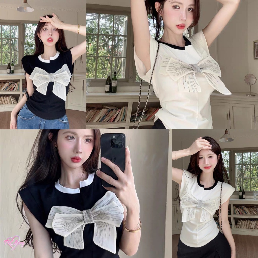 (จัดส่งจากกรุงเทพฯ) ฤดูร้อนรูปแบบใหม่ สไตล์ฝรั่งเศส ตกแต่งโบว์ เสื้อแขนกุดทรงสลิมฟิต（L022）
