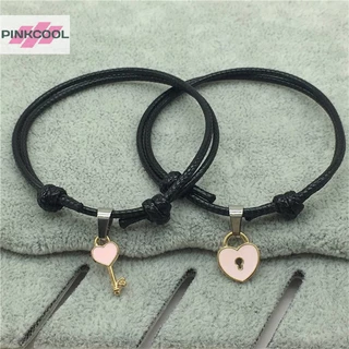 Pinkcool 2 ชิ้น / เซต แฟชั่น คู่รัก สร้อยข้อมือ เชือกสีดํา จี้หัวใจ สร้อยข้อมือ สําหรับผู้หญิง ผู้ชาย คู่รัก สร้อยข้อมือ เครื่องประดับ ของขวัญ ขายดี