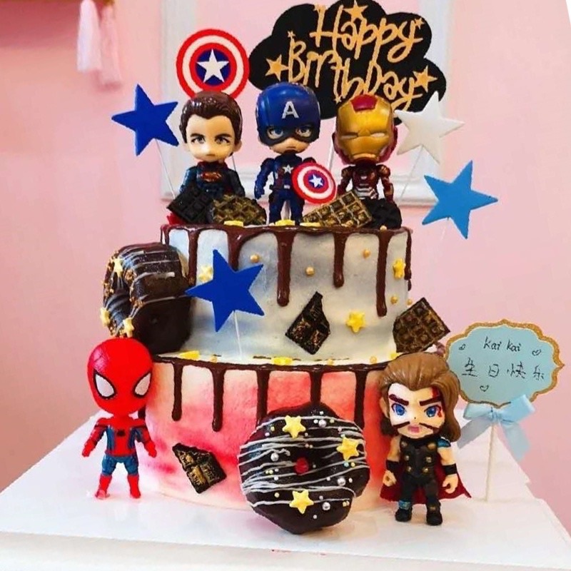 โมเดลซูเปอร์ฮีโร่ ซูเปอร์ฮีโร่ สไปเดอร์แมน กัปตันอเมริกา ขนาดเล็ก สําหรับตกแต่งเค้กวันเกิด ปาร์ตี้ 6 ชิ้น ต่อชุด