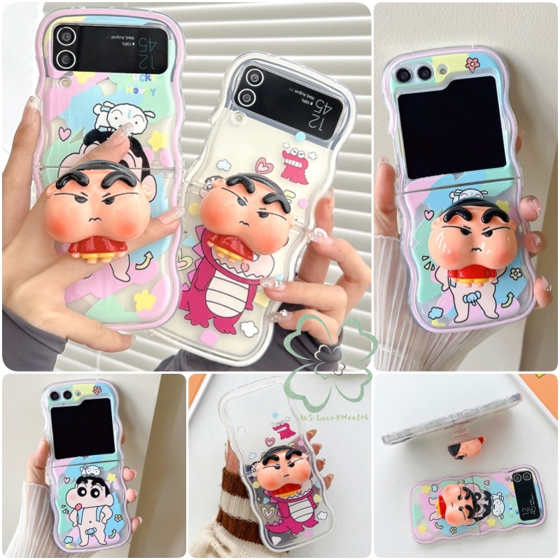 การ์ตูนน่ารักไดโนเสาร์ Boy Clear Stand Case Samsung Galaxy Z Flip 6 Z Flip 5 Z Flip 4 Flip 3 Casing Invisible Connection Buckle Transparent Creative เคสกันกระแทก Shell