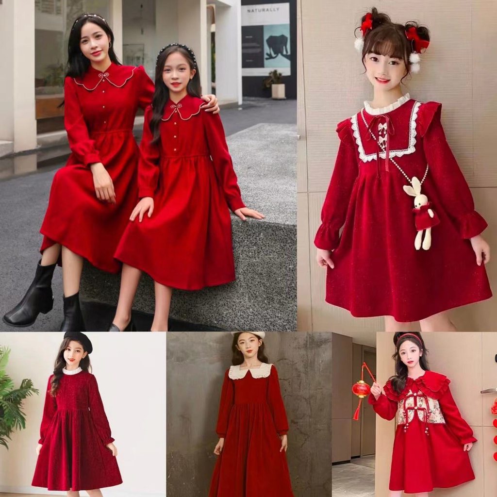 ชุดเดรสกระโปรงเด็กผู้หญิง สีแดง สไตล์จีน เหมาะฤดูใบไม้ผลิ/ปีใหม่