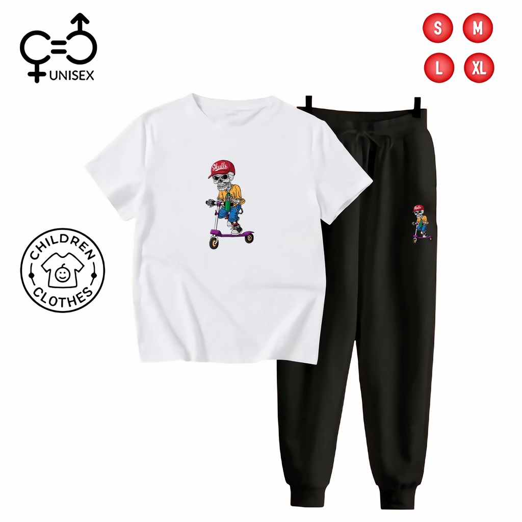 Hitam Gc - Kids Set เสื้อยืด + กางเกงจ็อกเกอร์ สีดํา - SKULL SCOOTER สําหรับเด็ก Unisex