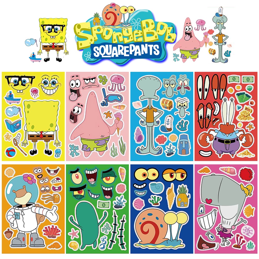 สติกเกอร์ปริศนา ลายการ์ตูน SpongeBob SquarePants DIY สําหรับผู้ปกครอง และเด็ก 8 แผ่น ต่อชุด