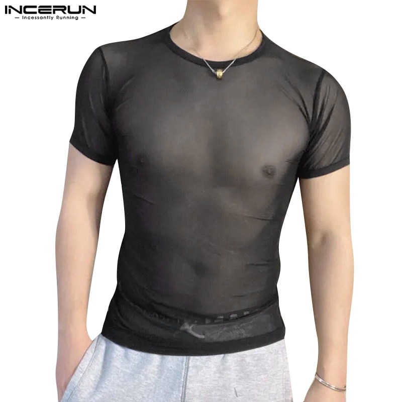 Incerun เสื้อยืดแขนยาว ผ้าตาข่าย ระบายอากาศ สีพื้น เซ็กซี่ สําหรับผู้ชาย