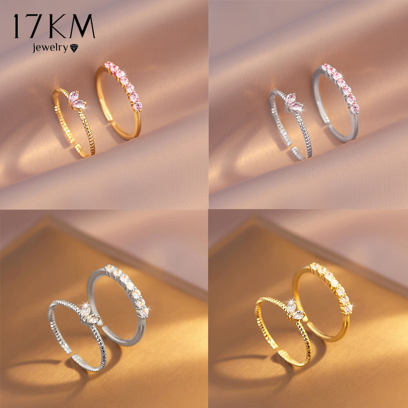 17กม. 2 ชิ้น / เซต แหวนเพทาย เรียบง่าย หัวใจ ชุดแหวน ทอง เงิน เปิด แหวน ปรับได้ สําหรับผู้หญิง เครื่องประดับ อุปกรณ์