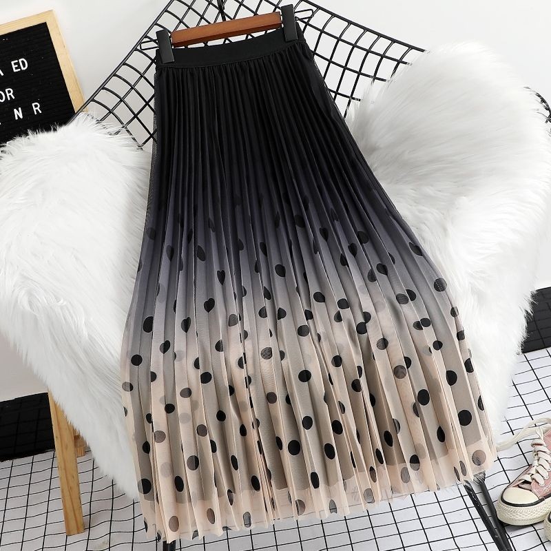 ที่เรียบง่ายอเนกประสงค์ไล่โทนสีลายจุดตาข่ายกระโปรงสไตล์ใหม่พิมพ์จีบกลางยาวกระโปรงยาวผู้หญิง