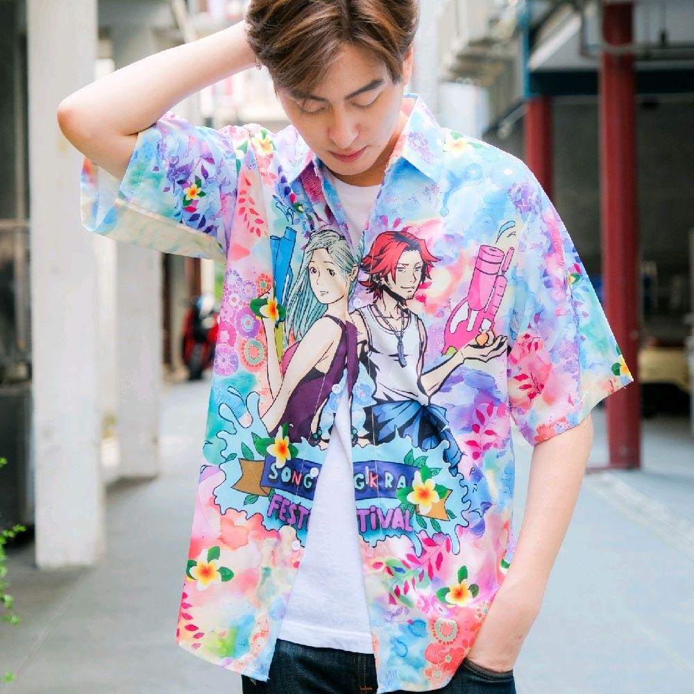 PINK020เสื้อฮาวายลายใหม่2026 Songkran ทรงวัยรุ่น หญิงชายใส่ได้ ผ้าโพลีพรีเมี่ยมไซส์38-56นิ้ว งานปัายKTIERออกแบบเอง*1ตัว* รูปที่ 5
