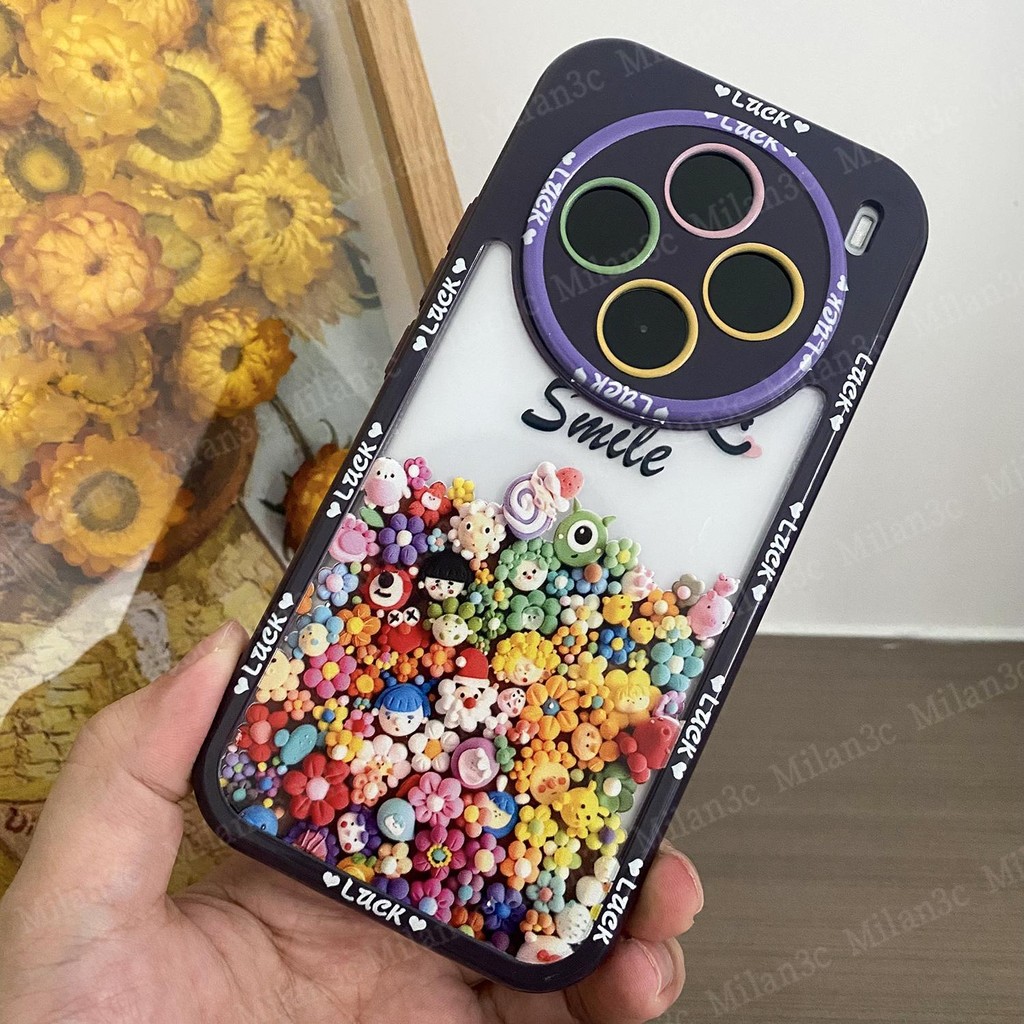 เคส Vivo X100 X90 5G เคส Vivo X100 X90 Pro เคสกรอบใสสีครีมดอกไม้ดินเหนียวสร้างสรรค์ เคสโทรศัพท์กันกร