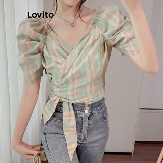 Lovito เสื้อเบลาส์แขนพัฟลําลอง ลายดอกไม้ สําหรับผู้หญิง LNE21276 (สีเขียวอ่อน)