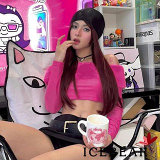 Ice- เสื้อครอปท็อป เปิดไหล่ แขนยาว สีพื้น เปิดหลัง 90s สําหรับผู้หญิง