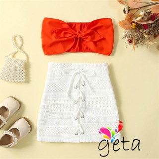 Geta- ชุดเสื้อสายเดี่ยว กระโปรงลูกไม้ ผูกปม สีพื้น แฟชั่นฤดูร้อน สําหรับเด็กผู้หญิง อายุ 3-5 ปี