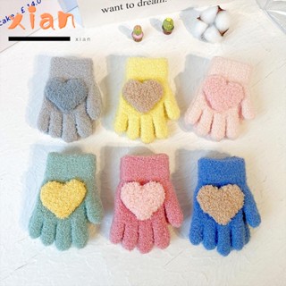 Xianen ถุงมือ แบบเต็มนิ้ว หนา รูปหัวใจ สีพื้น แฟชั่นฤดูหนาว 1-3 ปี