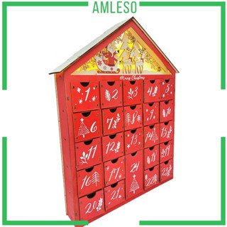 [Amleso] บ้านปฏิทินไม้ สีแดง พร้อมไฟ LED สําหรับคริสต์มาส