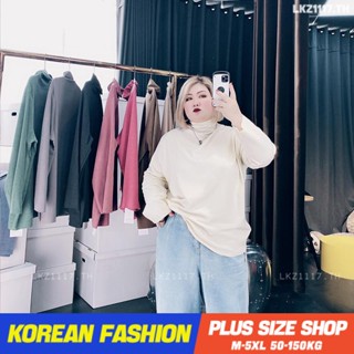 Plus size เสื้อผ้าสาวอวบ❤ เสื้อยืดสาวอวบอ้วน ไซส์ใหญ่ ผู้หญิง เสื้อยืดสีพื้น ทรงหลวม แขนยาว คอเต่า ฤดูใบไม้ร่วง สไตล์เกาหลีแฟชั่น