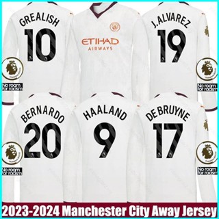 เสื้อกีฬาแขนยาว ลายการ์ตูน Manchester City Away Bernardo Grealish Haaland Alvarez DeBruyne Jersey สําหรับผู้ชาย และผู้หญิง 2023-2024