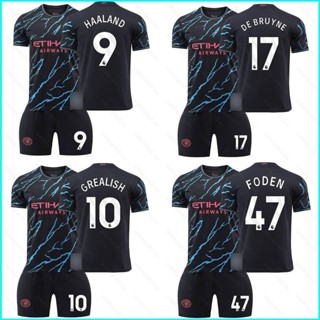 เสื้อกีฬาแขนสั้น ลายการ์ตูน Manchester City Third Away Jersey Haaland DeBruyne Grealish Foden Mahrez 23-24 2 ชิ้น ต่อชุด