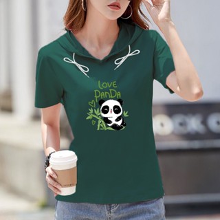 เสื้อยืดลําลอง แขนสั้น มีฮู้ด พิมพ์ลาย สีดํา แฟชั่นฤดูร้อน สําหรับสตรี