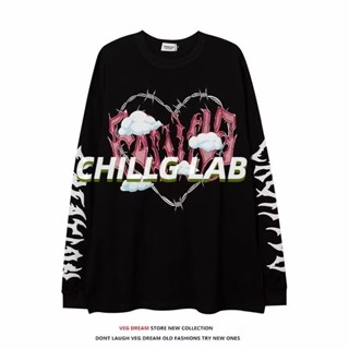 Chillg LAB เสื้อยืดคอกลม แขนยาว พิมพ์ลายหัวใจ ทรงหลวม สไตล์ฮาราจูกุ แฟชั่นฤดูใบไม้ผลิ และฤดูใบไม้ร่วง สําหรับผู้ชาย