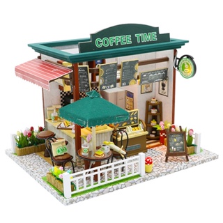【Free Goods Store】DIY Assembly Miniature LED Coffee Store Doll House Model Kids Toy Table Decor