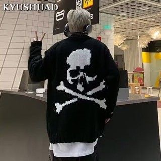 Kyushuad เสื้อกันหนาว แขนยาว ผ้าถัก พิมพ์ลาย ทรงหลวม สไตล์ฮิปฮอป สตรีท อเมริกัน เข้ากับทุกการแต่งกาย สําหรับผู้ชาย