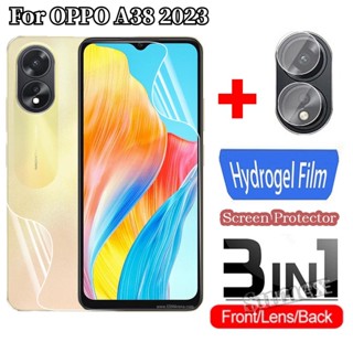 3 in 1 ฟิล์มไฮโดรเจลนิ่ม สําหรับ OPPO A38 2023 4G HD ฟิล์มกันรอยหน้าจอใส สําหรับ OPO A 38 38A OPPOA38 CPH2579 ฟิล์มป้องกันเลนส์กล้อง เพื่อความปลอดภัย ไม่ใช่กระจก