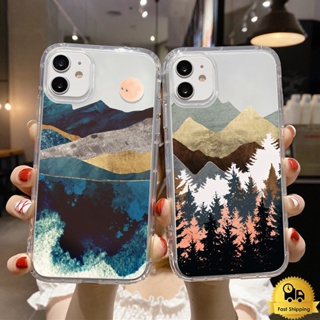 โปร่งใสเคสโทรศัพท์คู่สำหรับไอโฟน 11 12 13 14 15 Pro Max XR 7 6 8 Plus X XS MAX SE จิตรกรรมภูมิทัศน์ กันกระแทก เคสใสนุ่ม