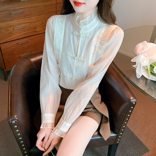 เสื้อเชิ้ตแขนยาว ผ้าชีฟอง ประดับไข่มุก หรูหรา สไตล์จีน แฟชั่นฤดูใบไม้ร่วง สําหรับผู้หญิง
