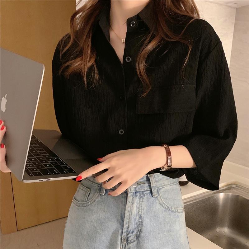 mimi&didi#เสื้อเชิ้ต เสื้อวินเทจ ทรงหลวม แขนสามส่วนผู้หญิง สไตล์เกาหลี แต่งกระเป๋าด้านหน้า สวมใส่สบาย#W232 - รูปที่ 6