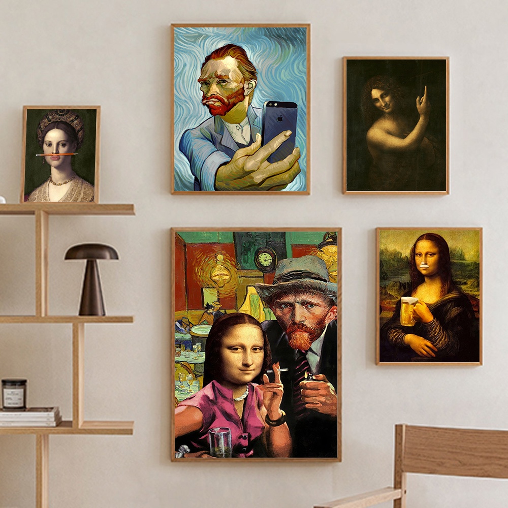 Mona Lisa Van Gogh บทคัดย่อภาพโปสเตอร์ศิลปะพิมพ์สําหรับห้องนั่งเล่นภาพวาดผ้าใบ Smile บ้านตลก Retro Decor