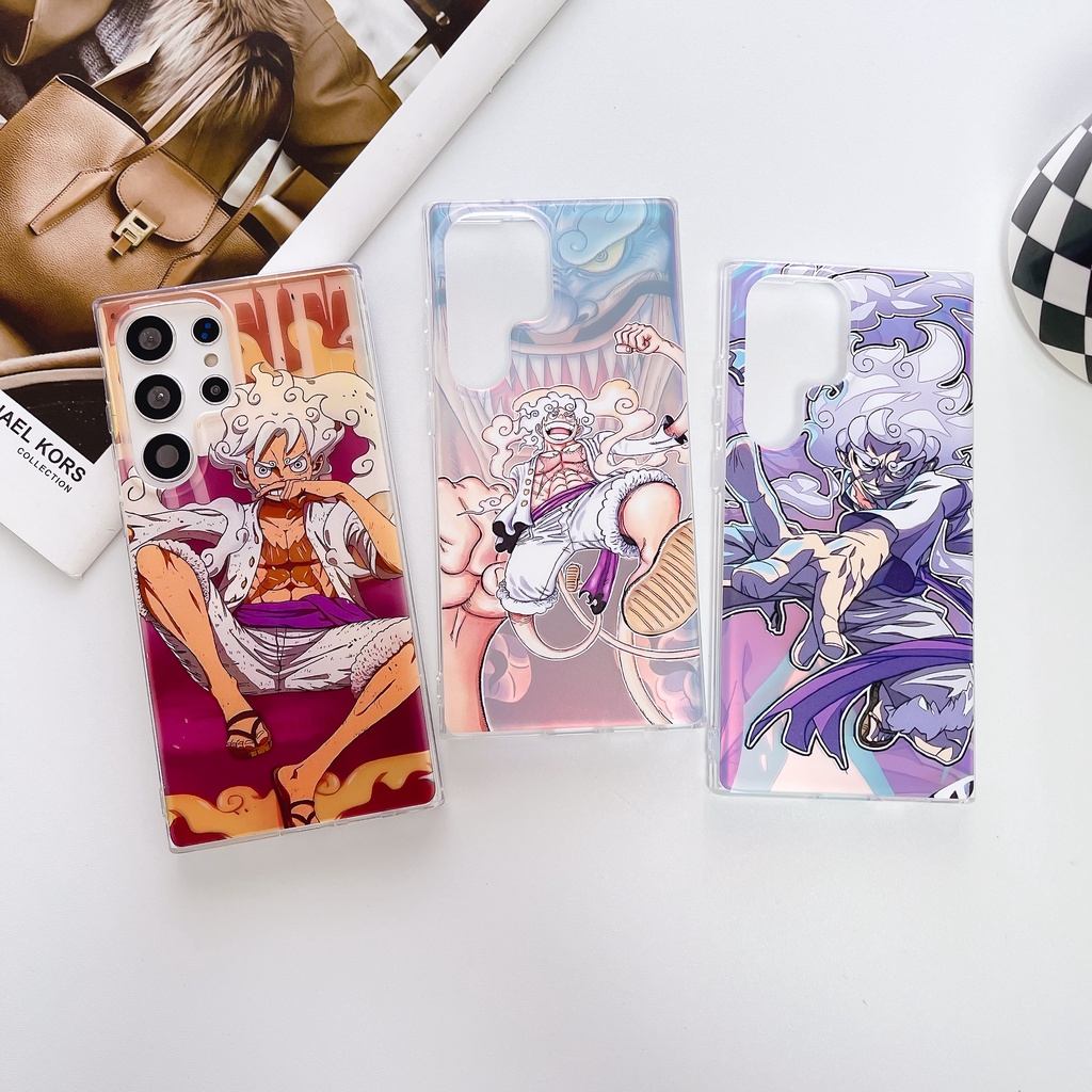 เคสโทรศัพท์มือถือ กันกระแทก ปิดด้านหลัง ประดับโบว์ และจี้เฟืองลูฟี่ วันพีช พร้อมสายโซ่คล้อง สําหรับ Samsung Galaxy S22 Plus S23 Ultra S24