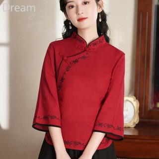 Large size retro style embroidered Cheongsam Tang suit retro tea clothing Chinese style top womens cotton and linen