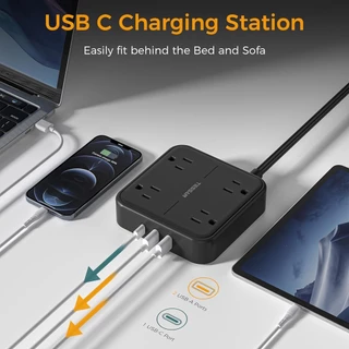 TESSAN ปลั๊กไฟ ปลั๊กสายไฟขยาย พร้อม USB+TypeC ลวดแบน หัวแบนบางเฉียบ ปลอดภัย ซ็อกเก็ตคุณภาพสูงทนทาน