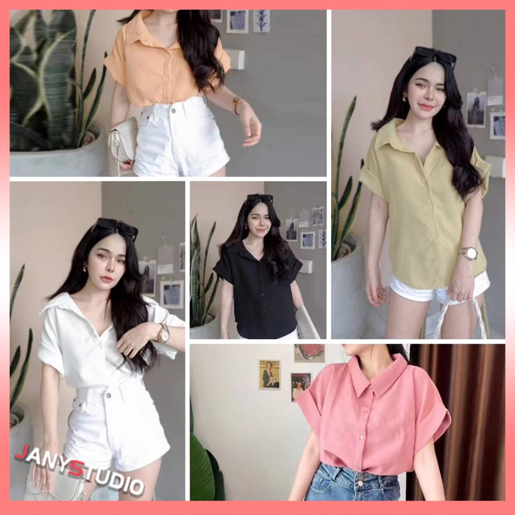 พร้อมส่ง เสื้อเชิ้ตคอปกเเขนสั้นสไตล์เกาหลี สีพื้นๆ สำหรับผู้หญิง