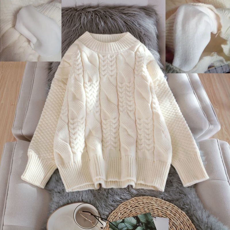 เสื้อกันหนาว คอกลม ผ้าฟลีซ แบบเกลียว ทรงหลวม ลําลอง สีพื้น สําหรับผู้หญิง