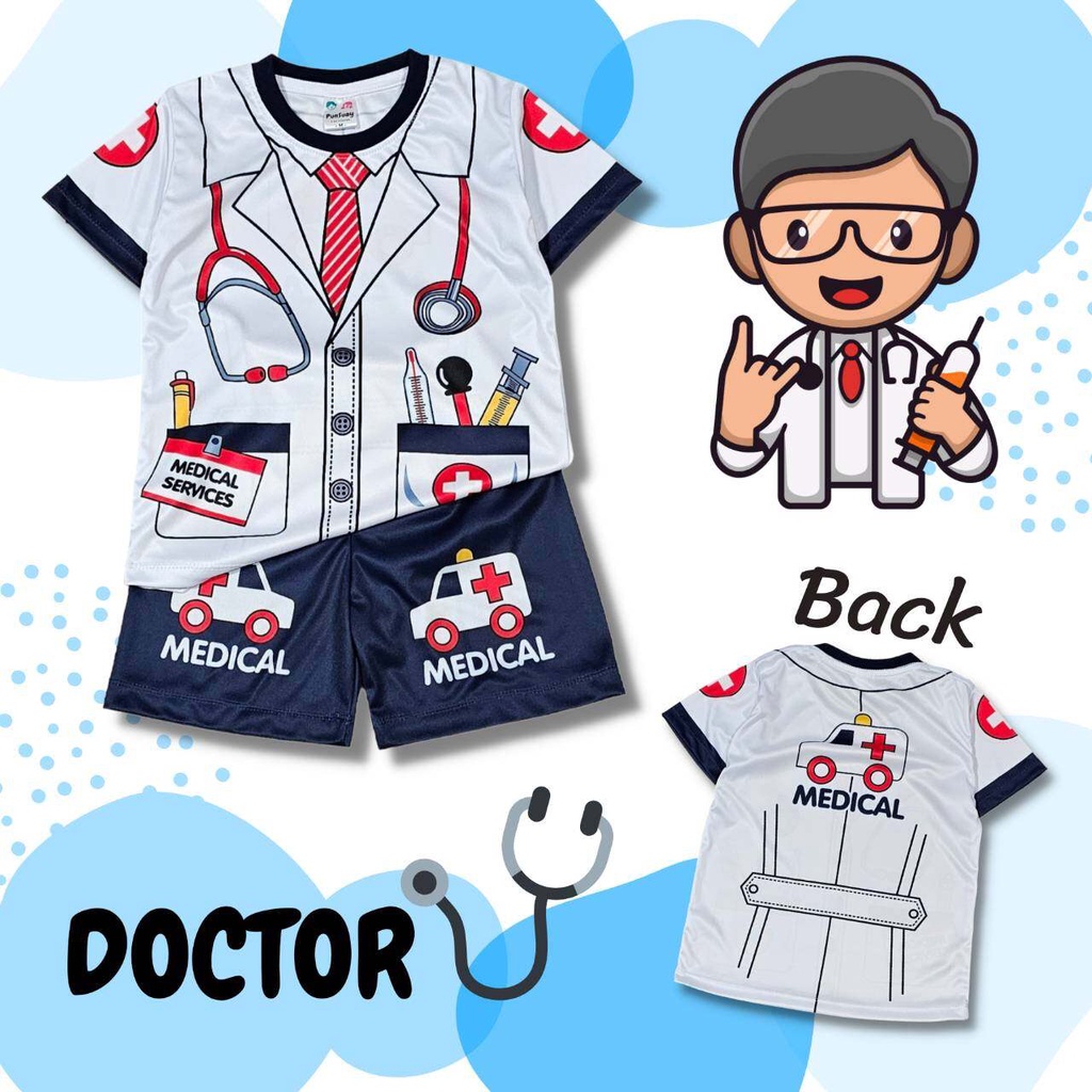 DOC0795N ชุดเด็ก ชุดอาชีพเด็ก เสื้อแขนสั้น+กางเกงขาสั้น ผ้าไมโครเกรดA พิมพ์ลายชุดคุณหมอ เสื้อผ้าเด็ก ชุดเด็กแฟชั่น