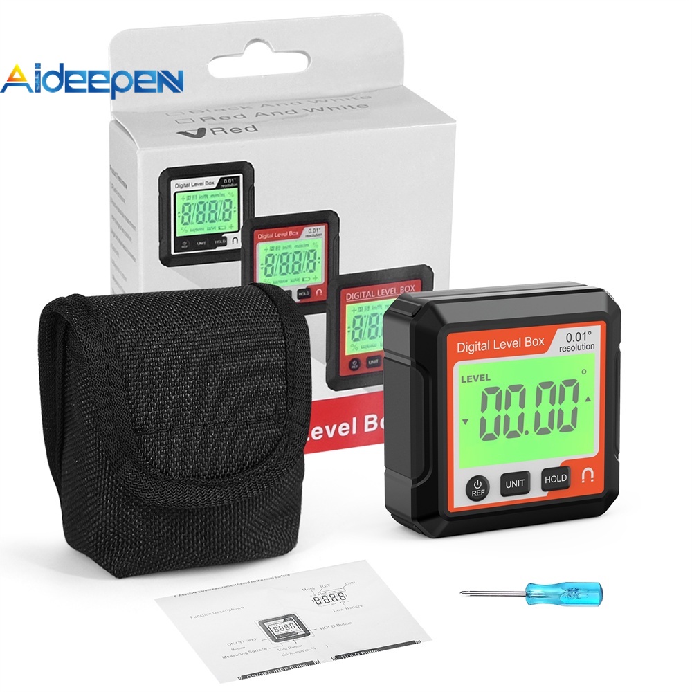 Aideepen กล่องโปรแทรกเตอร์วัดระดับดิจิทัล 90 องศา° เครื่องวัดความเอียง แบ็คไลท์ + กระเป๋า