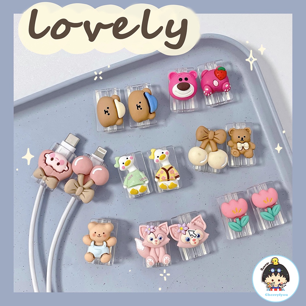 การ์ตูนดิสนีย์น่ารัก คริสตัลใส สตรอเบอร์รี่ หมี โทรศัพท์มือถือ สาย USB ป้องกัน สายเคเบิล IPhone กัด สายชาร์จ ชั้นวาง กล่องเก็บของ ป้องกัน
