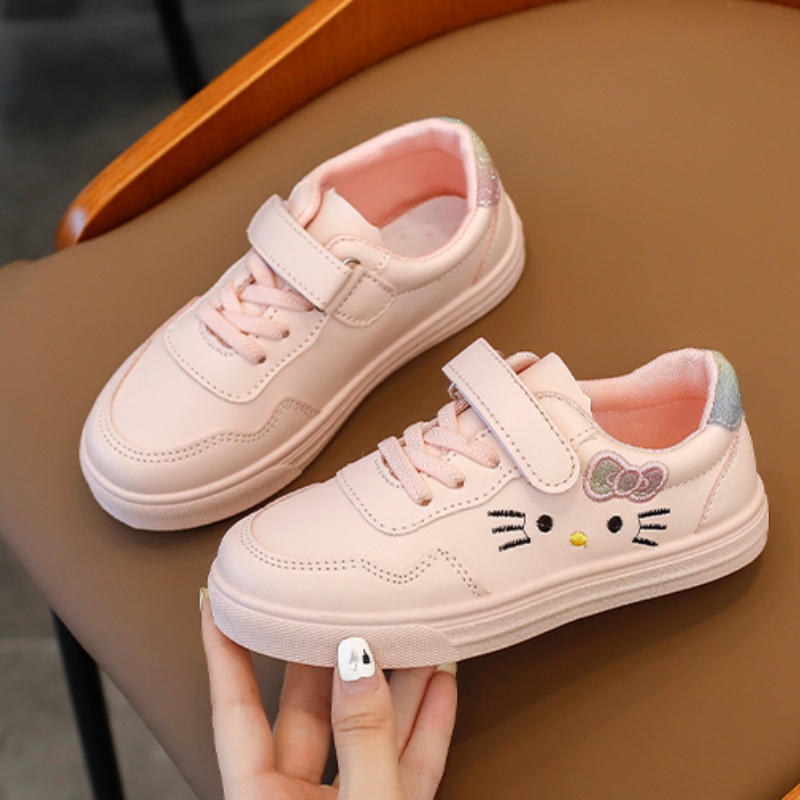รองเท้ากีฬาลําลอง พื้นนิ่ม กันลื่น ลายแมวน่ารัก สีพื้น แบบเรียบง่าย สําหรับเด็กผู้หญิง อายุ 2-16 ปี